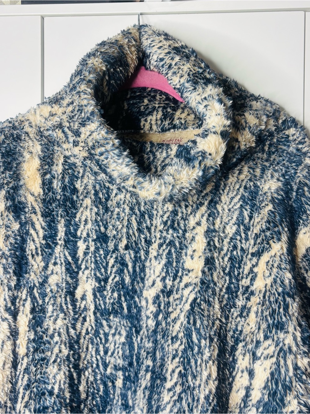 Kapital Plush Cowl Neck Sweater in Blue and Cream - Picture 3 of 5